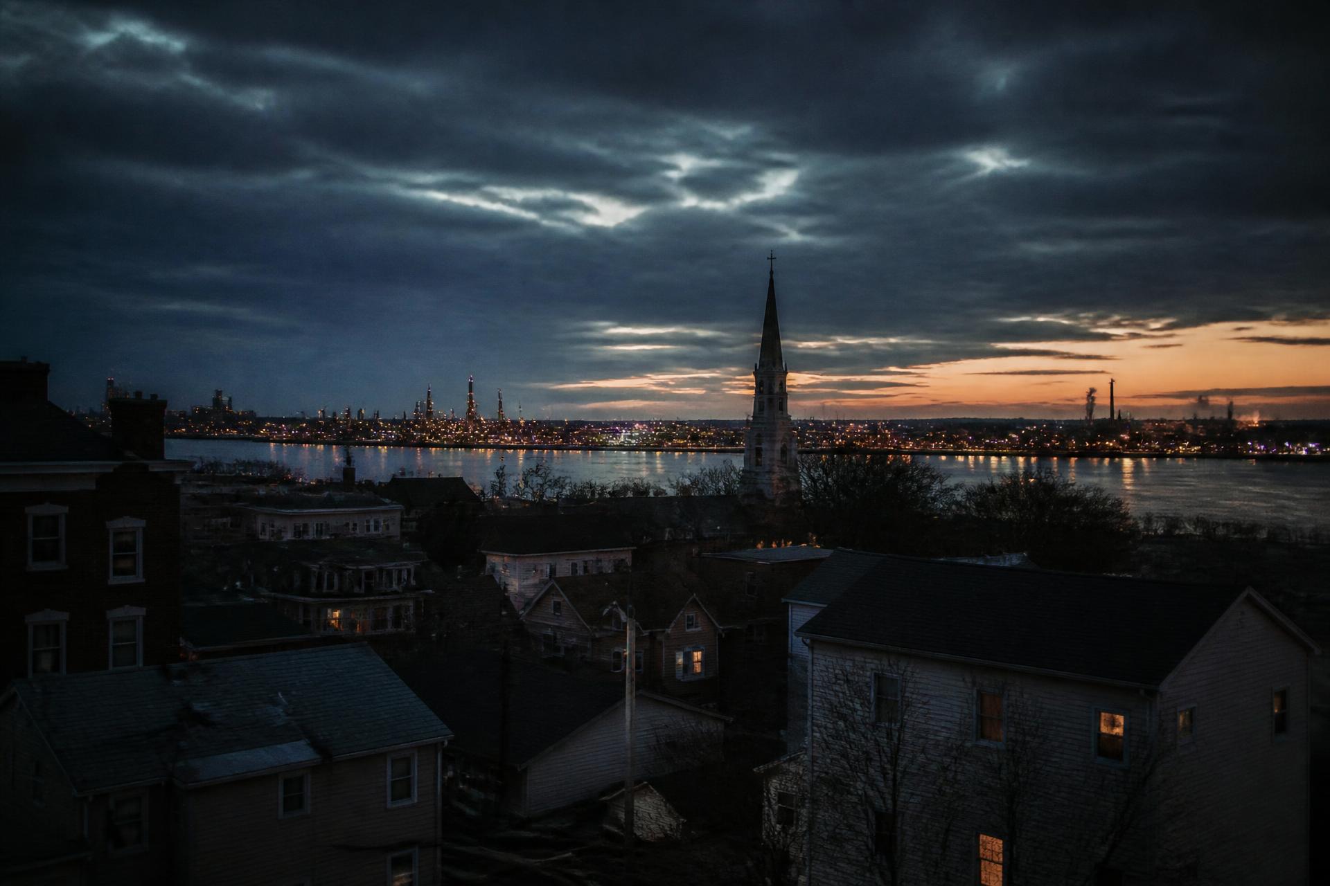 Dusk over Delaware County, Pennsylvania — rooftops, a church steeple and refinery lights across the river